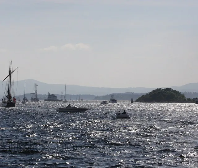 Utsikt over fjord med mange småbåter og seilskip i motlys, omgitt av øyer og åser i det fjerne.