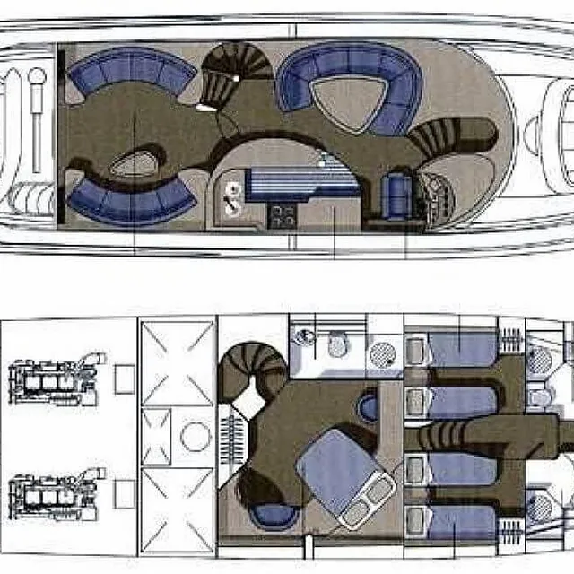 Plantegning av yacht med oversikt over salong, lugarer, bad og motorrom.